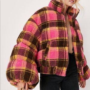 Nasty Gal Checked Teddy Padded Jacket, Size 2